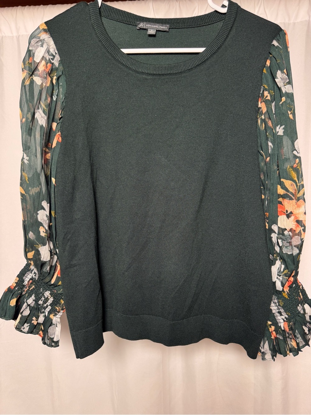 Adrianna Papell Emerald Green Floral Sheer Sleeve Sweater Medium Boho